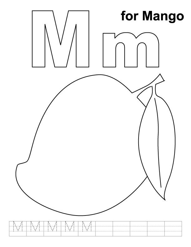 M for mango coloring page with handwriting practice | Download 