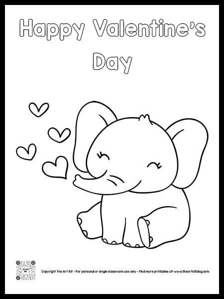 Happy Valentine's Day (Elephant and Hearts) Coloring Page, Bubble Font -  The Art Kit