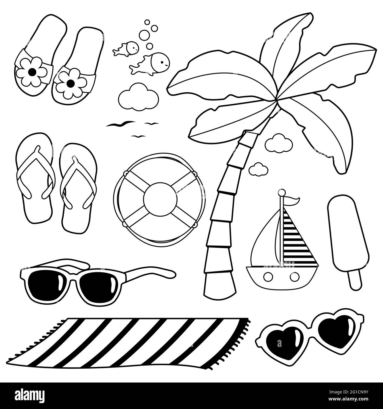 Summer beach vacation objects. Black and white coloring page Stock Photo -  Alamy