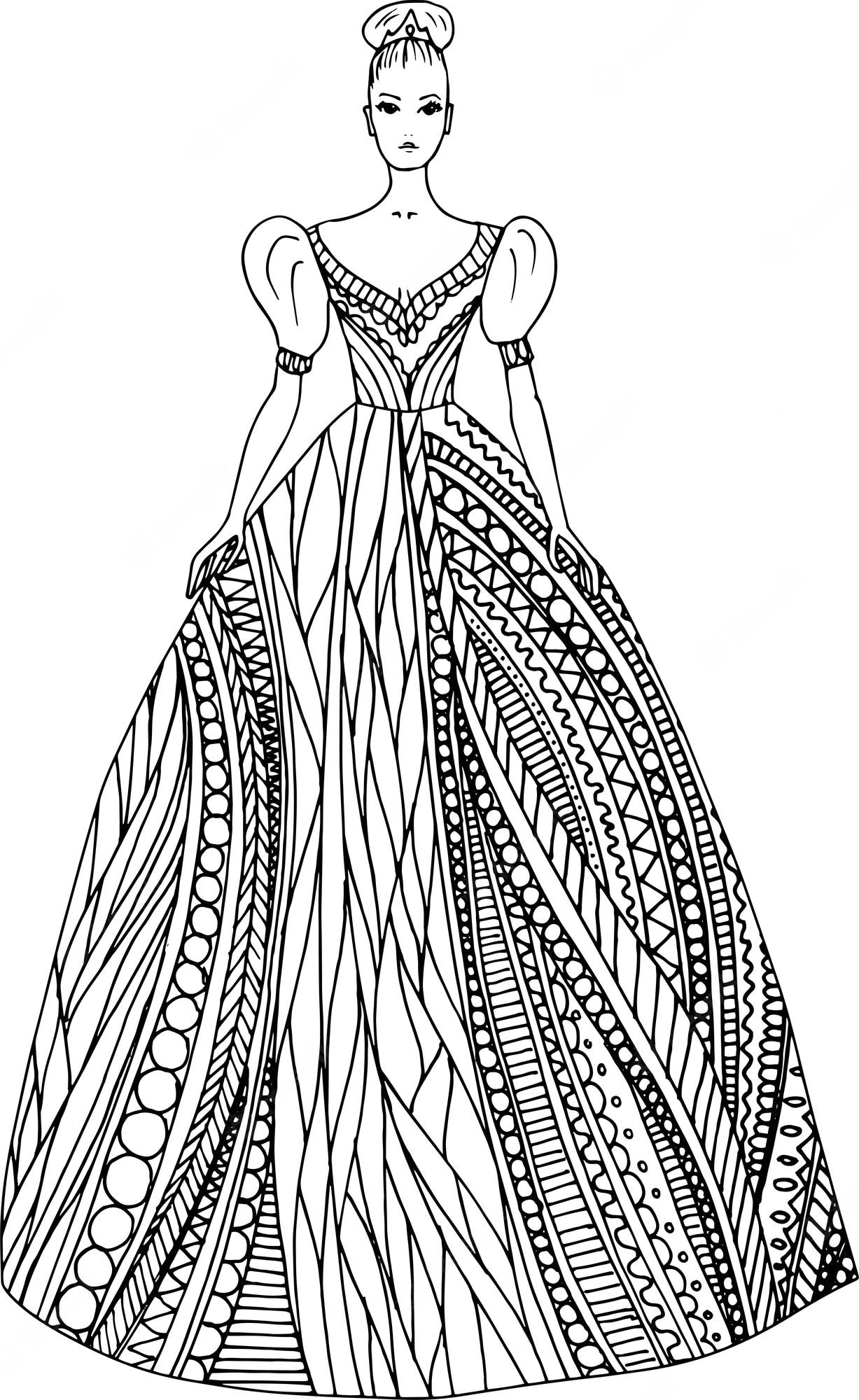 Premium Vector | Doodle girl in beautiful fantasy dress coloring page for  adults fantastic graphic artwork hand drawn illustration