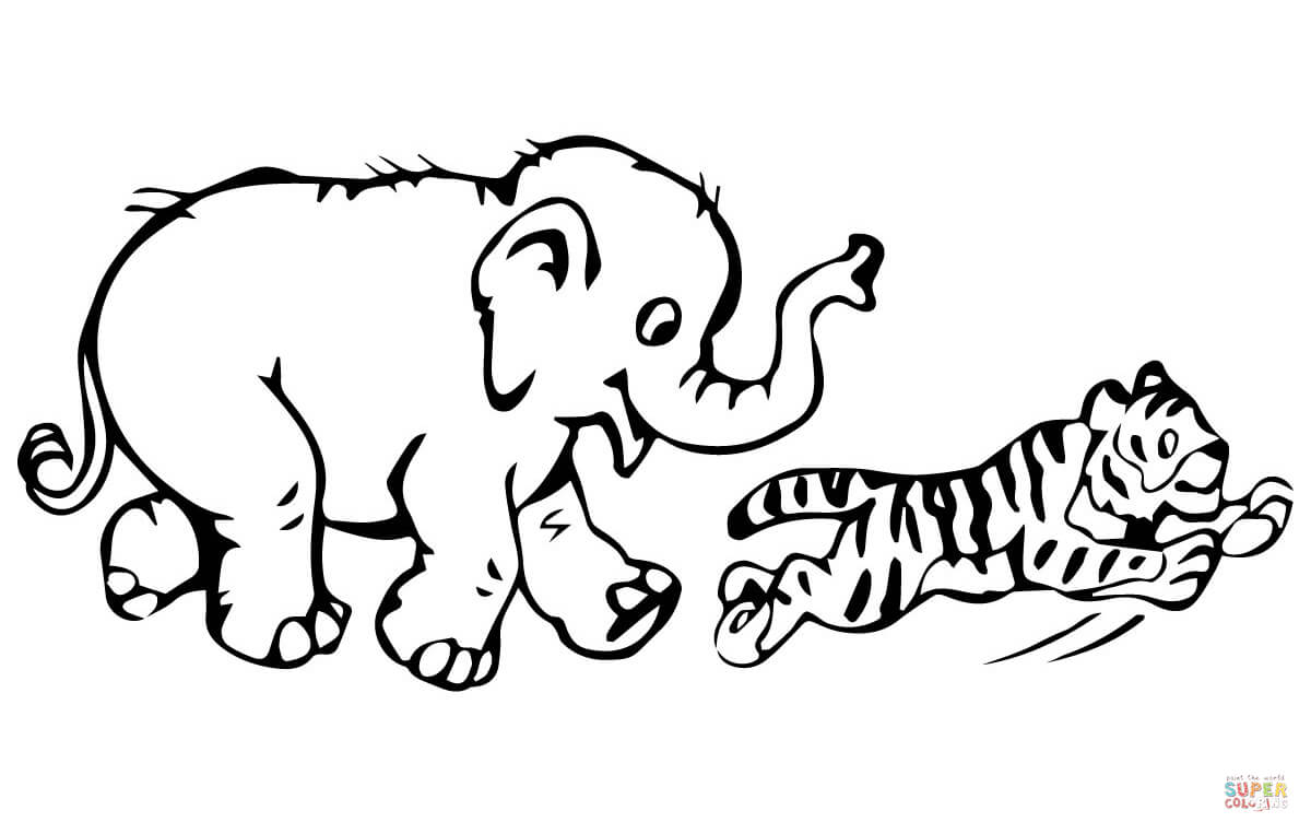 Tiger Cub Plays with Baby Elephant coloring page | Free Printable ...