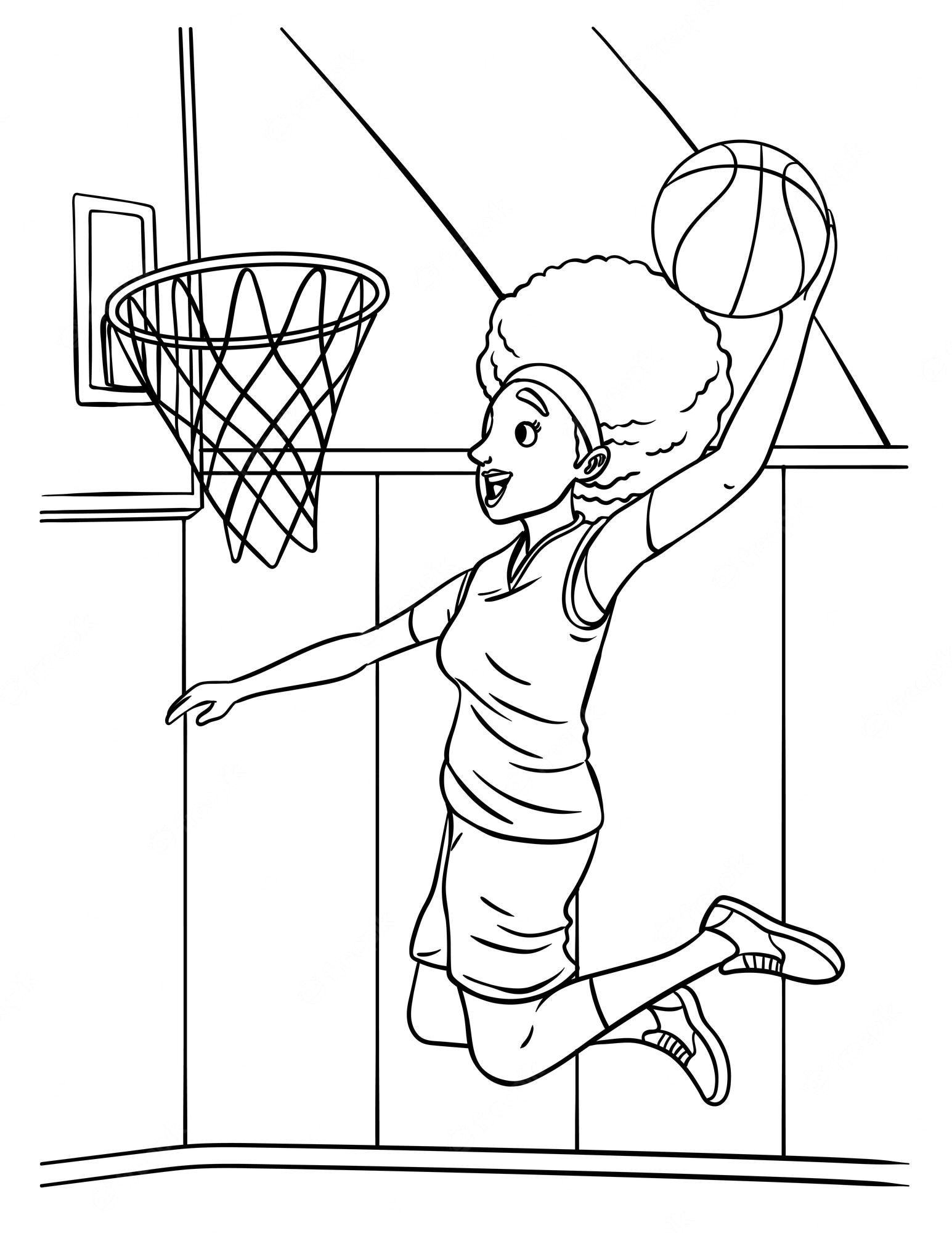 Premium Vector | Basketball girl slam dunk coloring page for kids