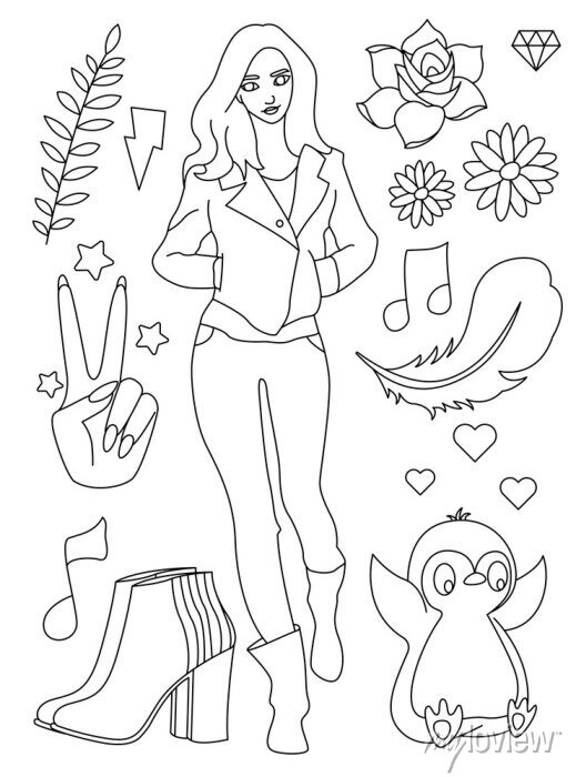 Coloring book page. doodle outline vector illustration of fashion • wall  stickers line, children, isolated | myloview.com