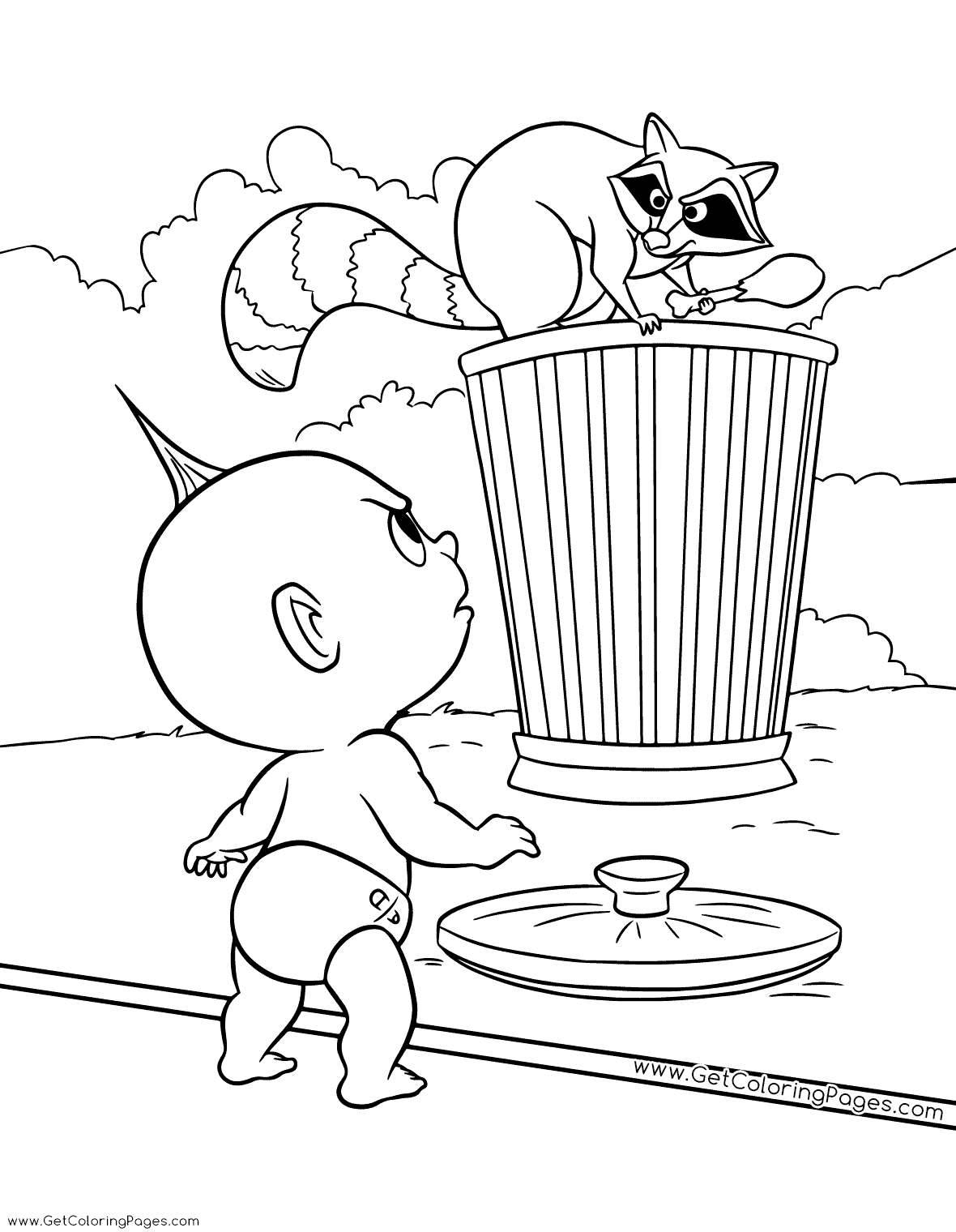 Coloring Page Incredibles 2 Jack-Jack Scuffle with Raccoon - Get Coloring  Pages