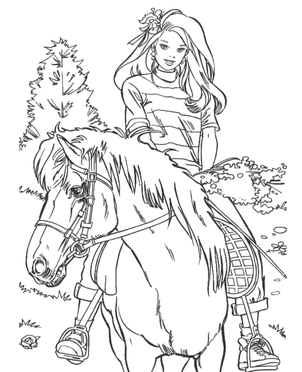 Barbie riding a horse coloring page