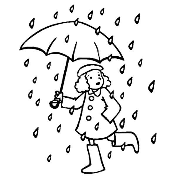 A Little Running With Umbrella In Raindrop Coloring Page