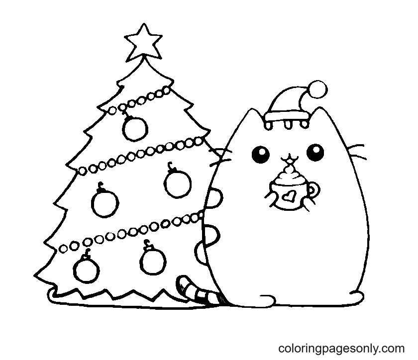 Christmas Holiday Pusheen Cat Coloring Page - Free Printable Coloring Pages