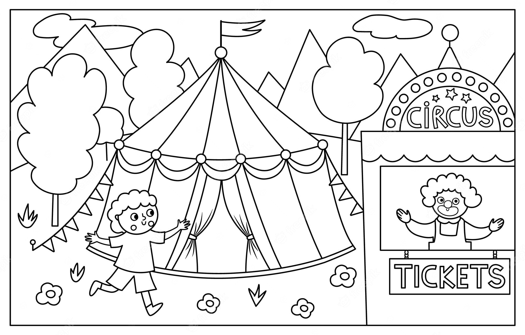 Premium Vector | Vector black and white scene with circus marquee boy  running to the ticket box with clown street show line background cute  festival illustration amusement park coloring pagexa