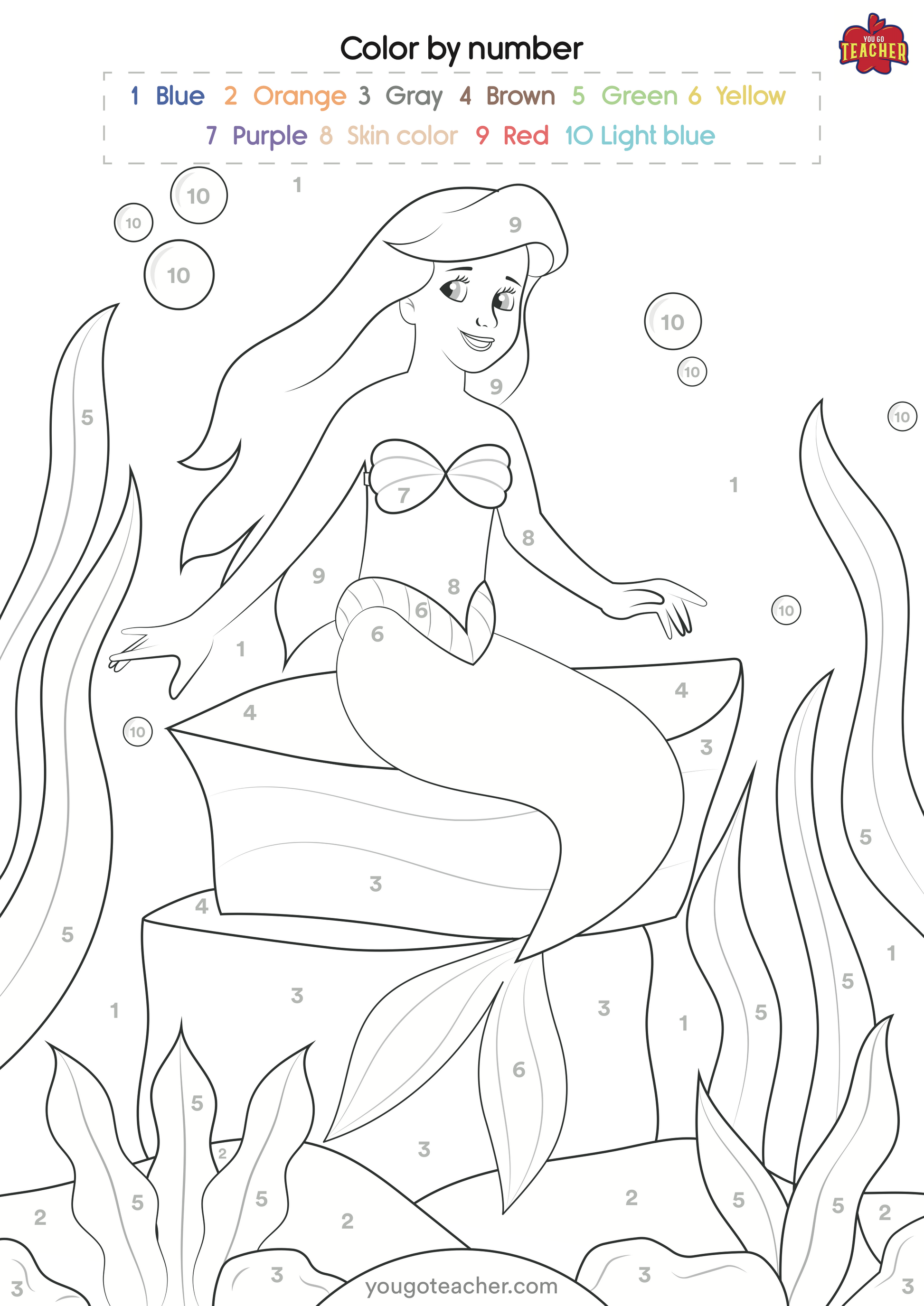 Color by Number Disney Princesses - Printable Number Coloring Worksheets