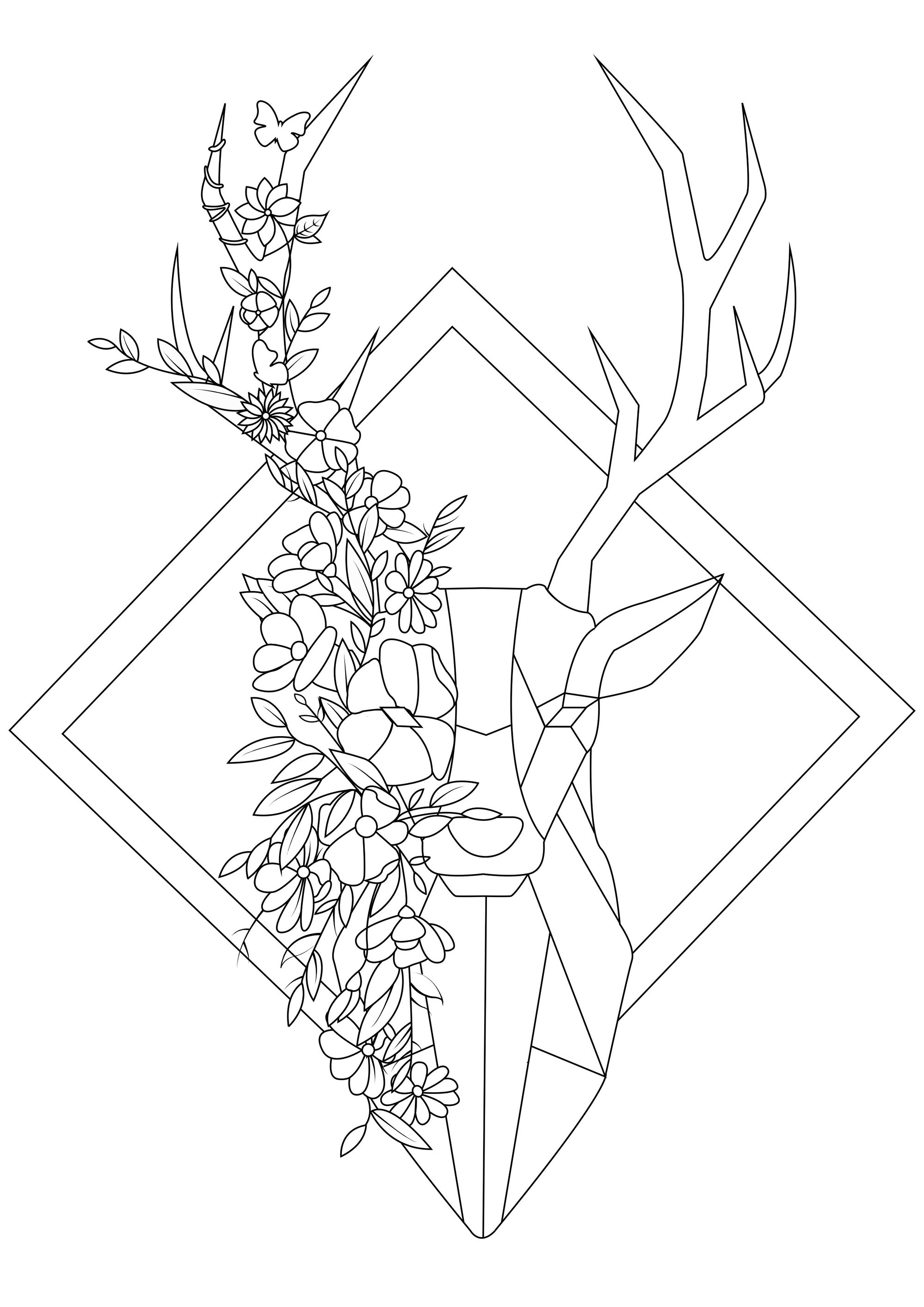 Flowery deer - Deers Adult Coloring Pages