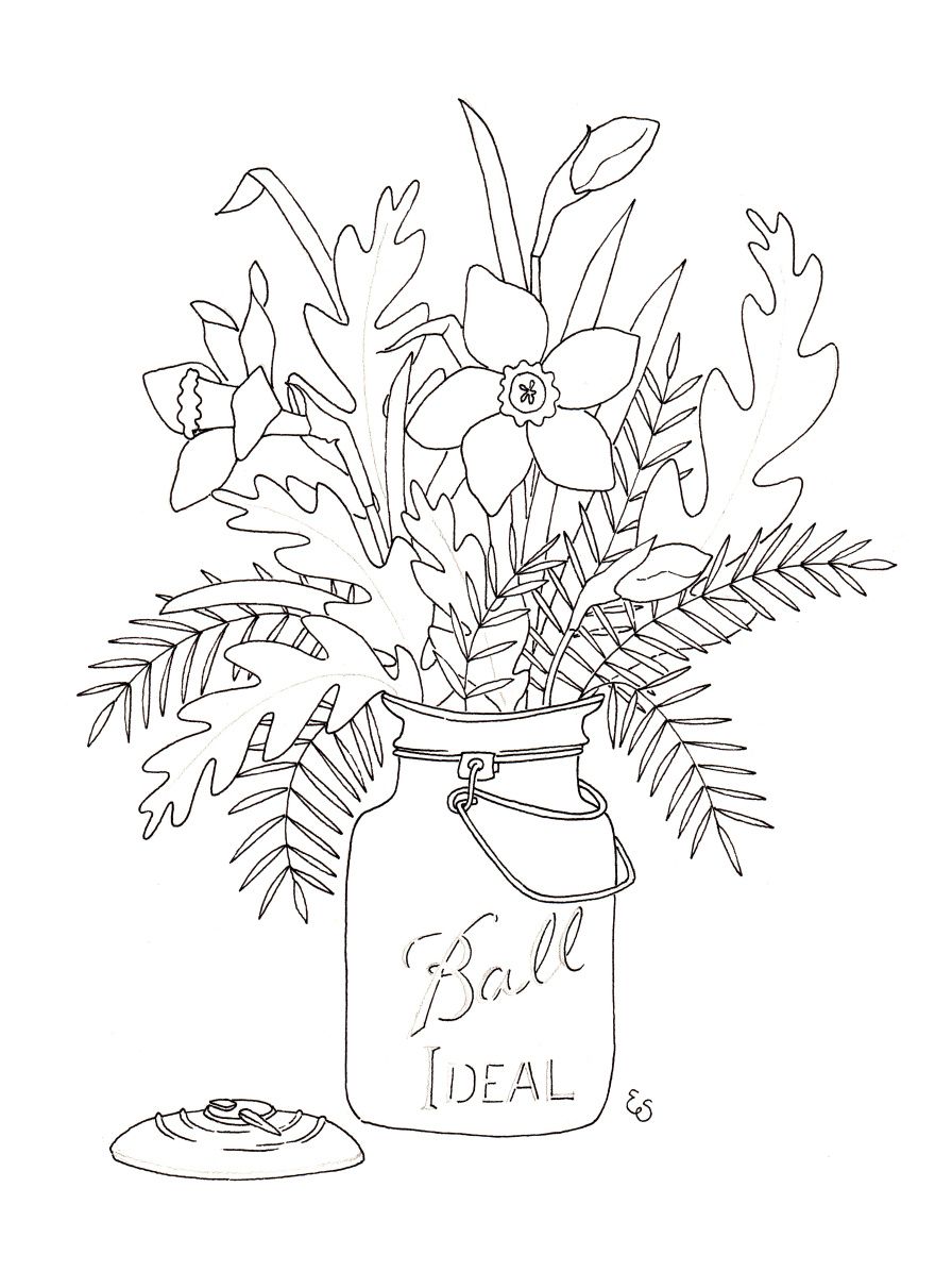 Free Printable Coloring Page - Eva Shorey Blog - Daffodil Bouquet in a Mason  Jar | Flower drawing, Coloring pages, Colored mason jars