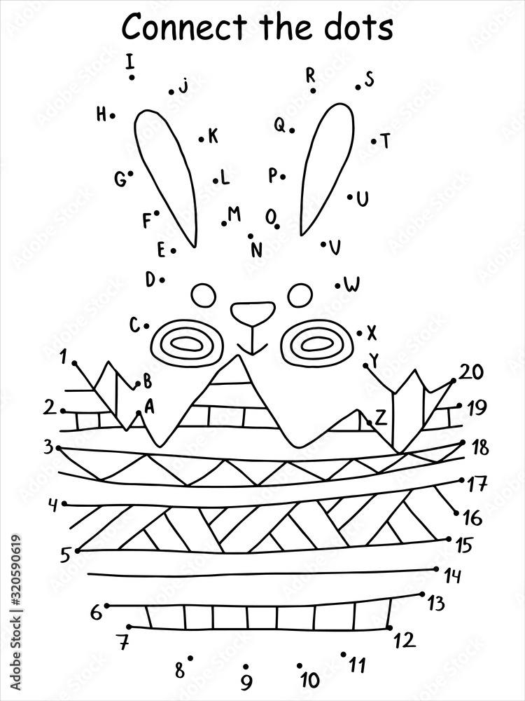 Funny small Easter rabbit and a half of colored egg coloring page.  Educational dot to dot