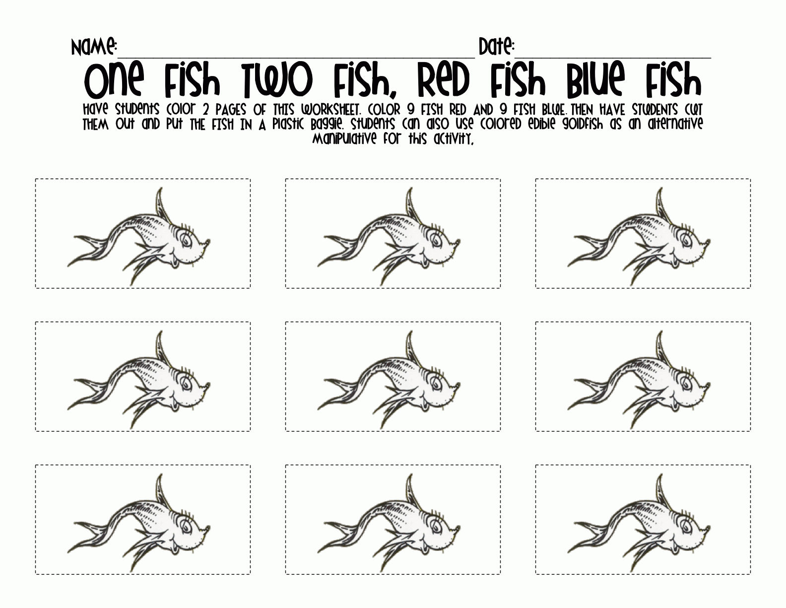 one fish two fish work sheet coloring page