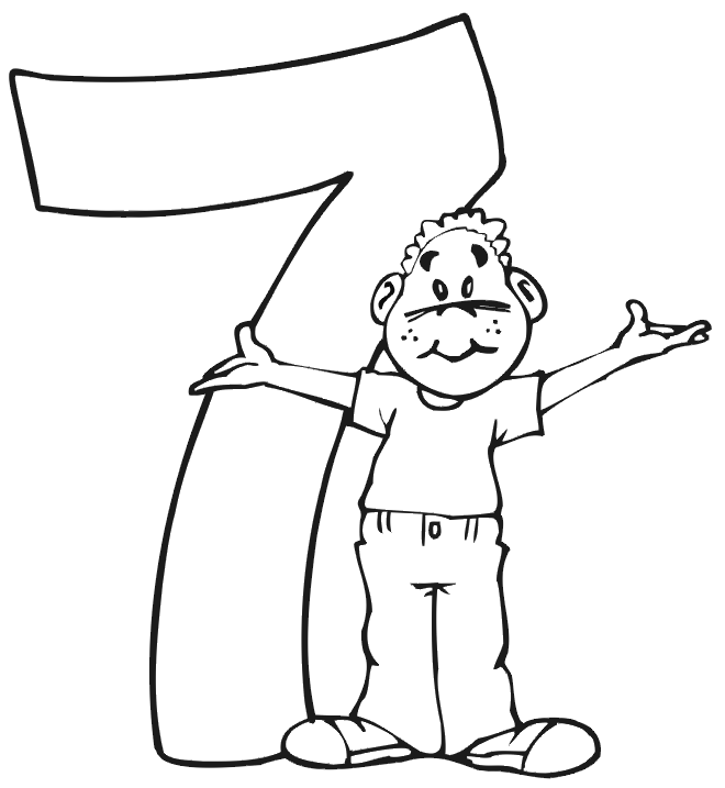 Birthday Coloring Page | A Boy Standing Beside the Number 7