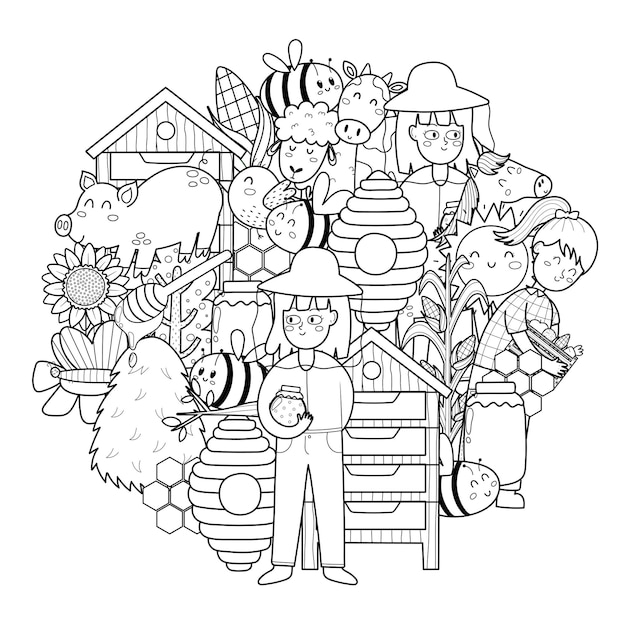 Premium Vector | Bee and beekeeper circle shape coloring page doodle  mandala with farm characters for coloring book