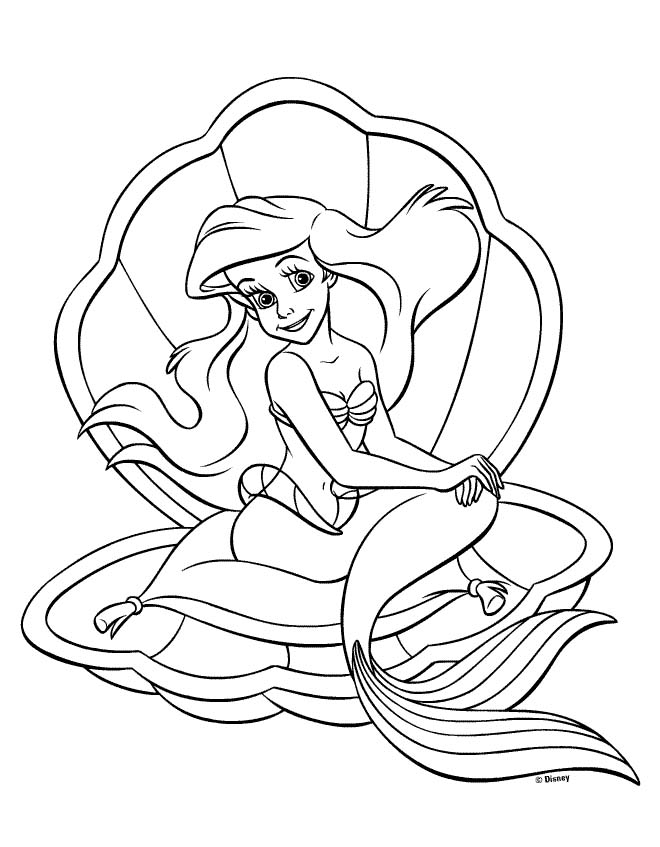 Ariel the little mermaid seating on a shell coloring page