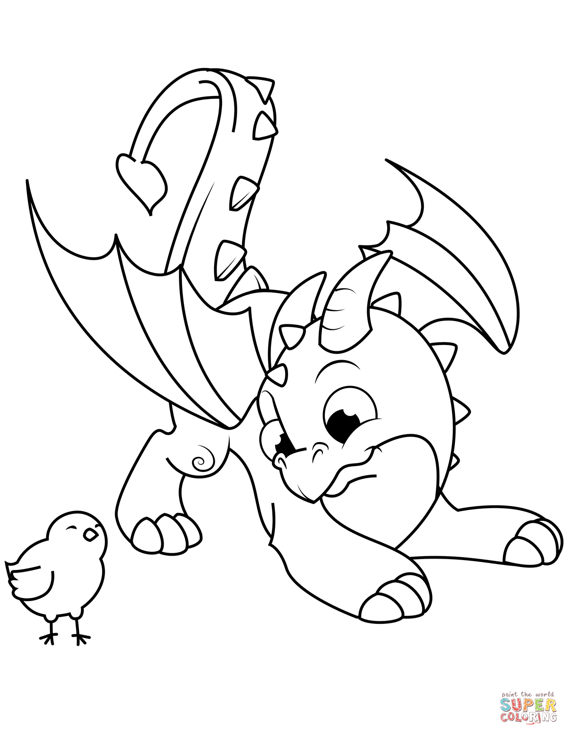 Cute Dragon and Chick coloring page | Free Printable Coloring Pages