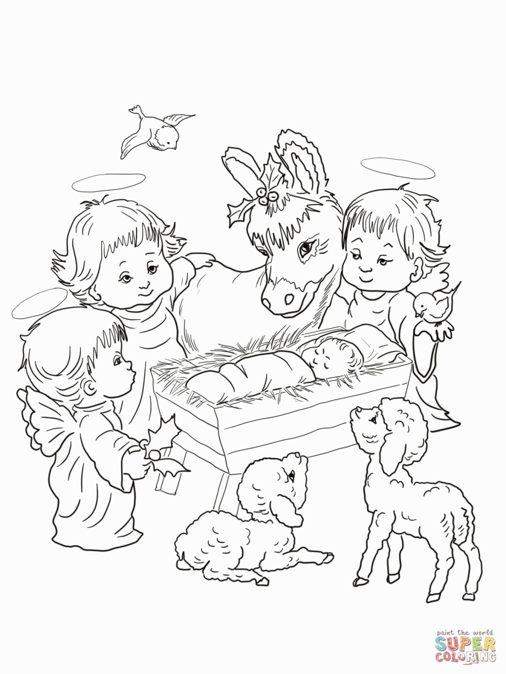 Nativity Scene With Cute Angels And Animals Coloring Page Free ...