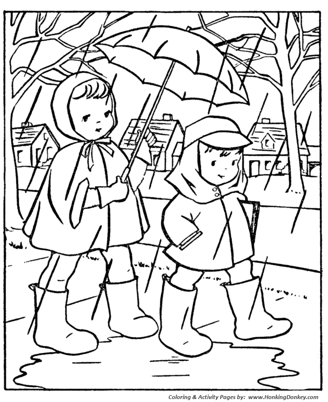 Spring Coloring Pages - Kids Going to School in the rain Coloring Page  Sheets of the Spring Season | HonkingDonkey