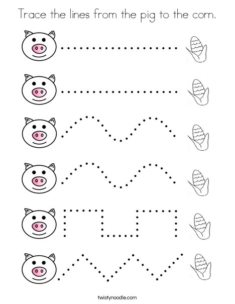 Trace the lines from the pig to the corn Coloring Page - Twisty Noodle