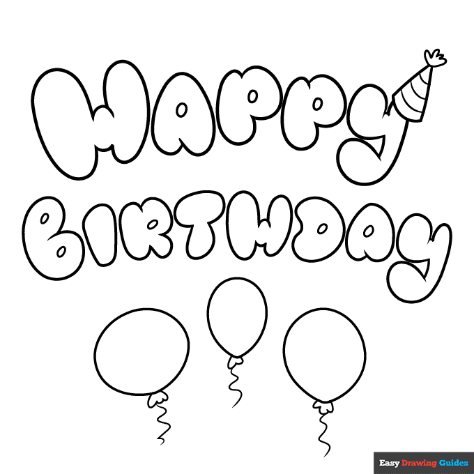 Happy Birthday in Bubble Letters Coloring Page | Easy Drawing Guides