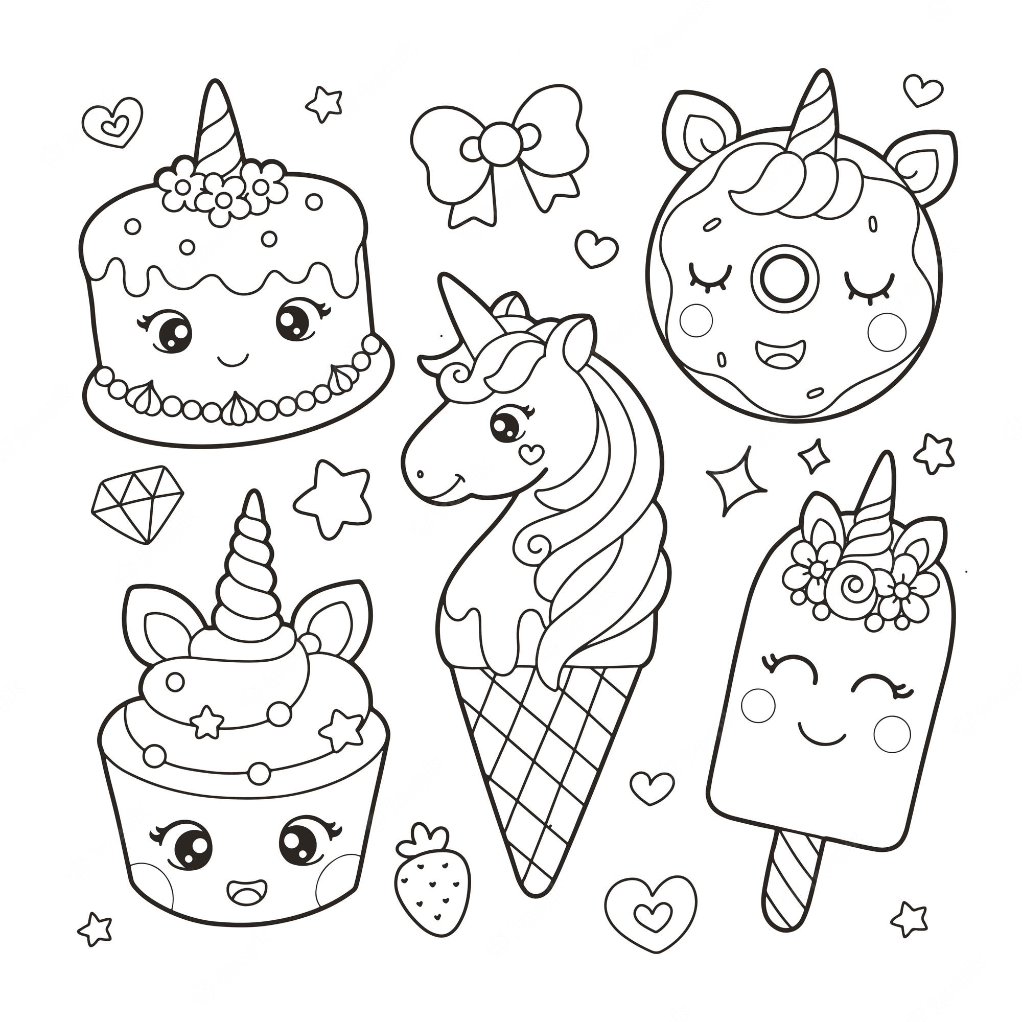 Premium Vector | Unicorn desserts cup cake and ice cream coloring page