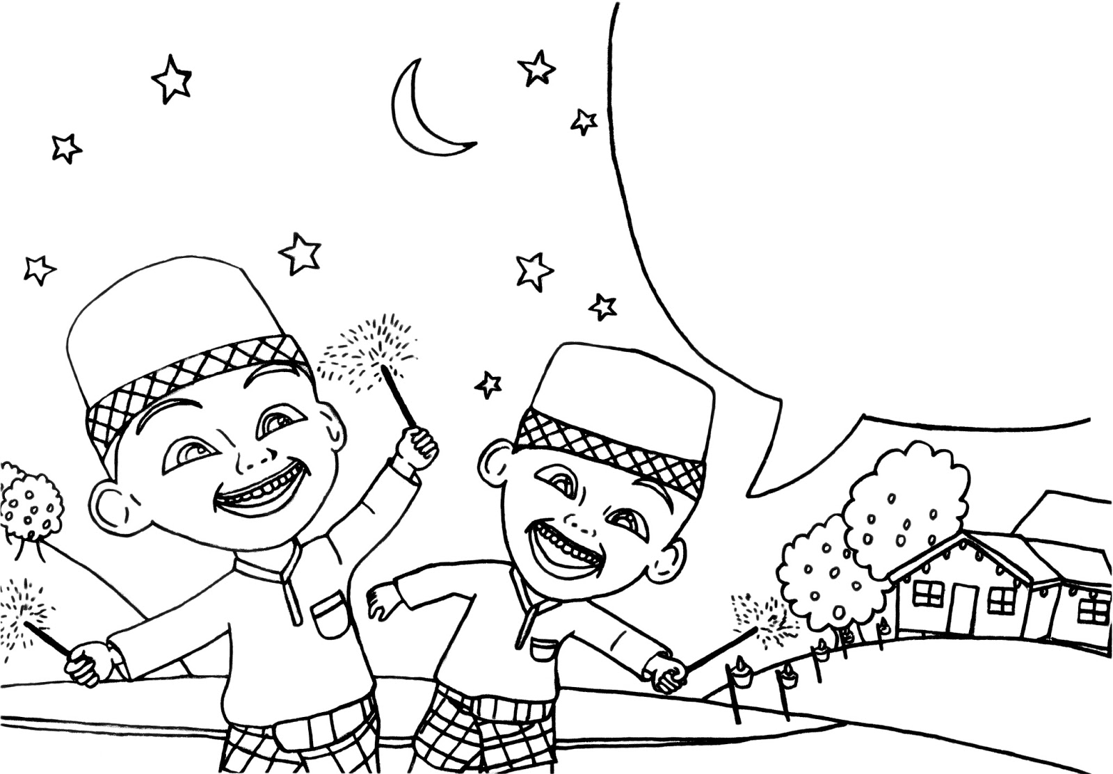 Upin & Ipin Celebrating Eid al-Fitr Colouring Pages - Picolour
