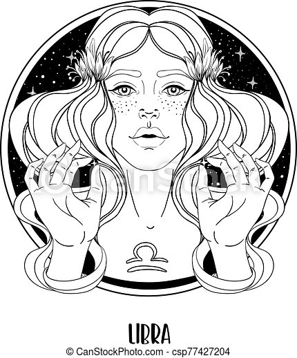 Illustration of libra astrological sign as a beautiful woman. zodiac vector  drawing isolated in black and white. future | CanStock