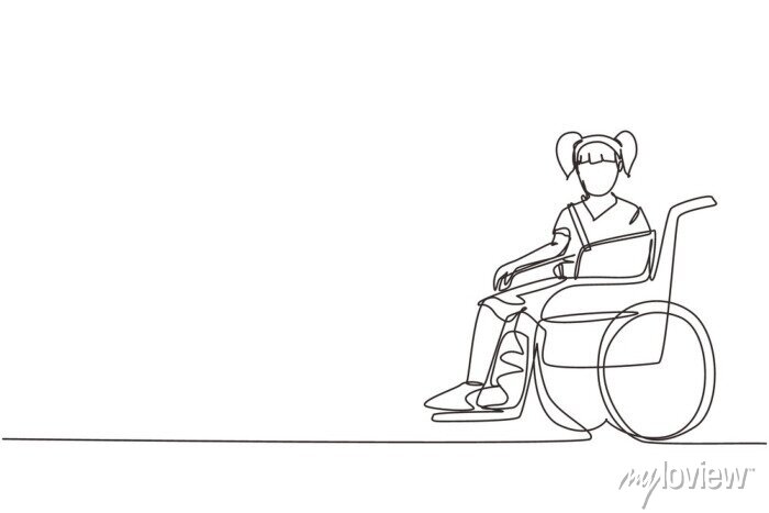 Single continuous line drawing little sad girl with leg in plaster. posters  for the wall • posters wheelchair, wheel, vector | myloview.com