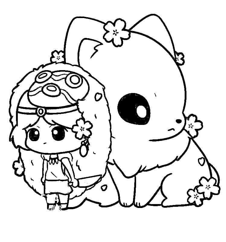 Chibi Princess Mononoke and Moro Coloring Page - Anime Coloring Pages