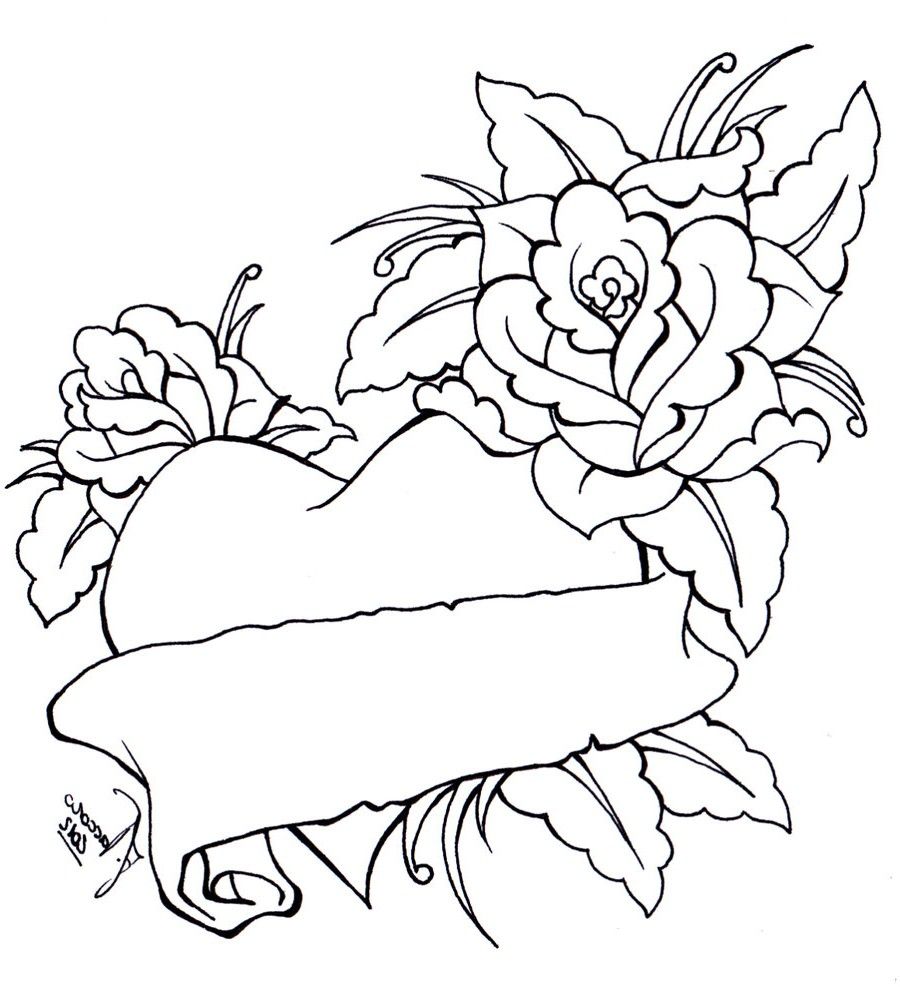 coloring page of a cartoon heart and rose. hearts and roses ...