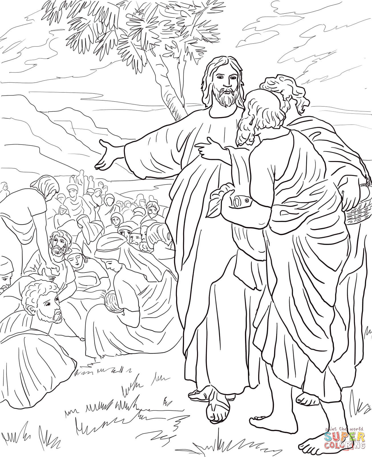 Jesus Feeds the Multitude with Fish and Bread coloring page | Free ...