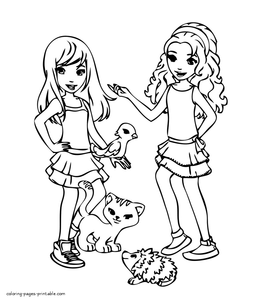 Girls with their pets. Coloring page || COLORING-PAGES-PRINTABLE.COM