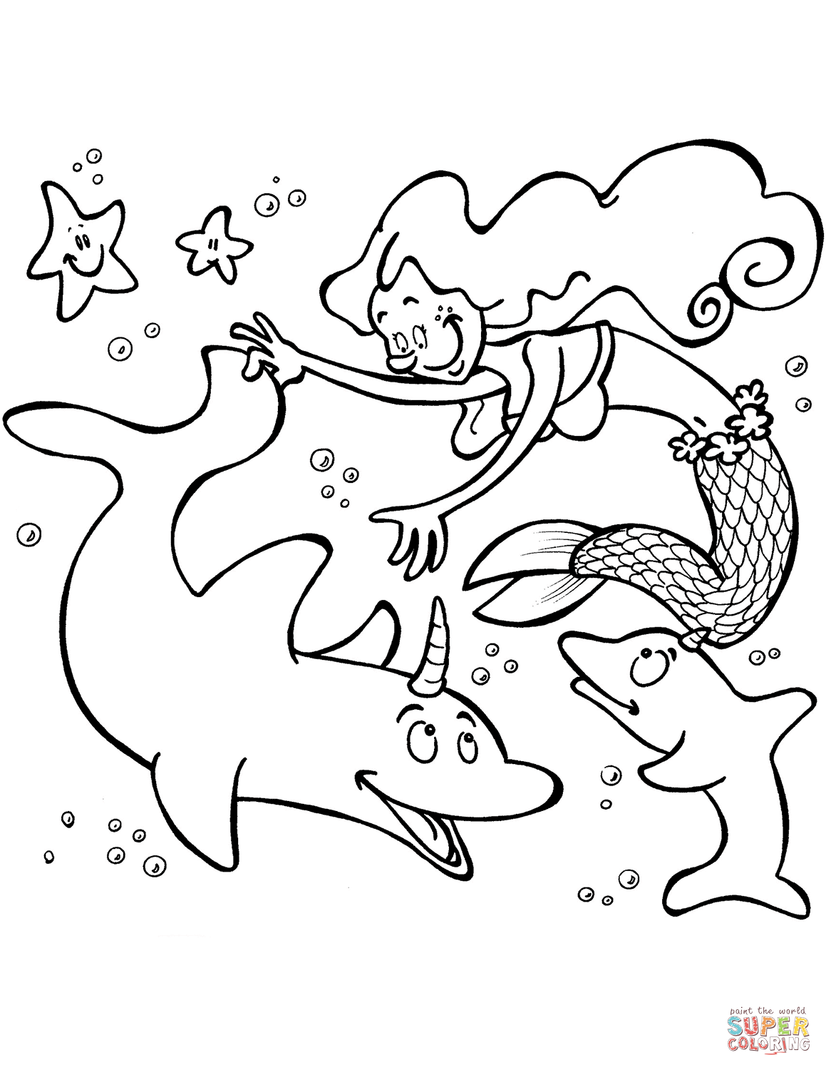 Mermaid with Unicorn Dolphins coloring page | Free Printable Coloring Pages