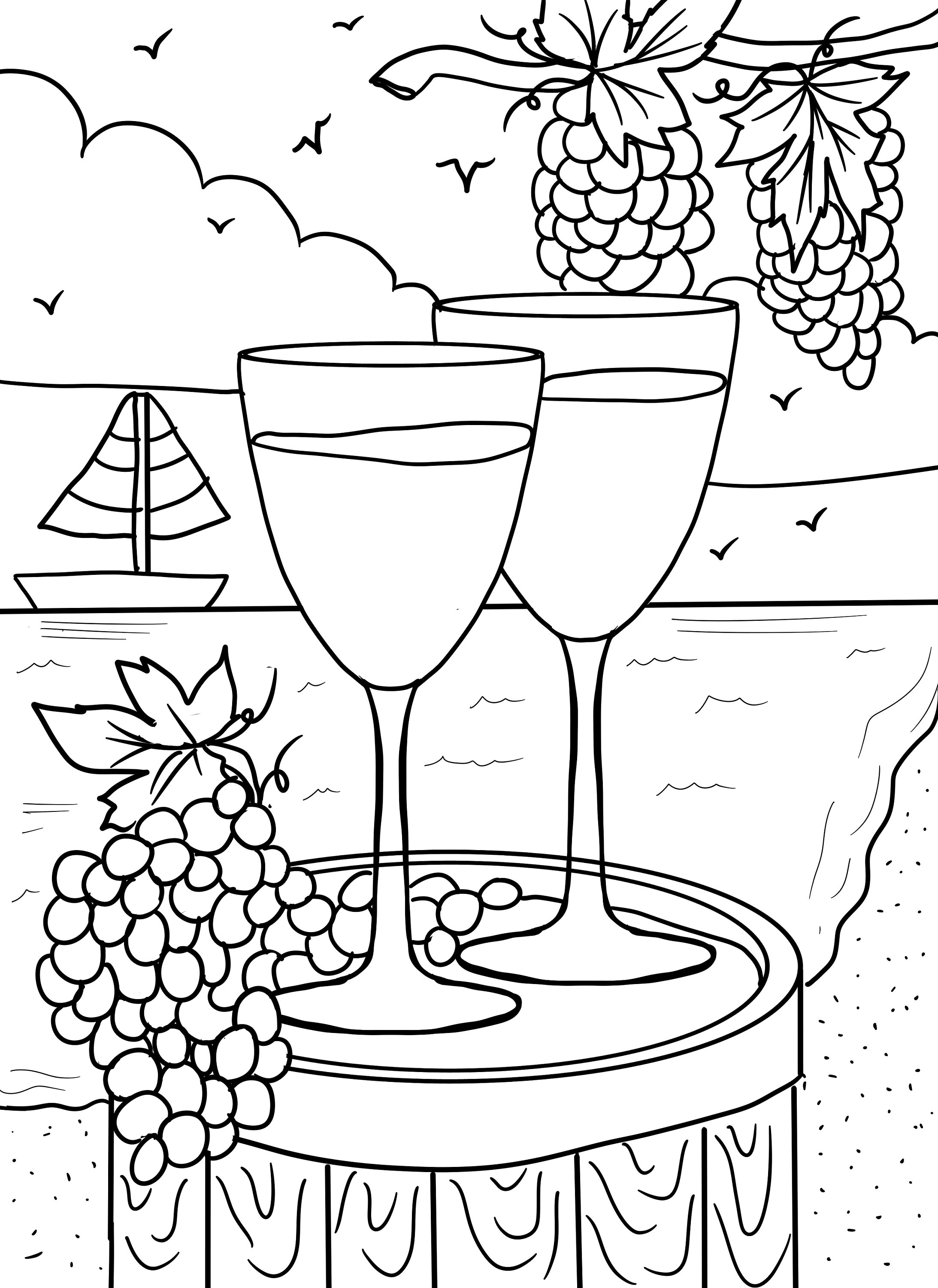 Wine and Sailboat Coloring Page Digital Download .PDF - Etsy