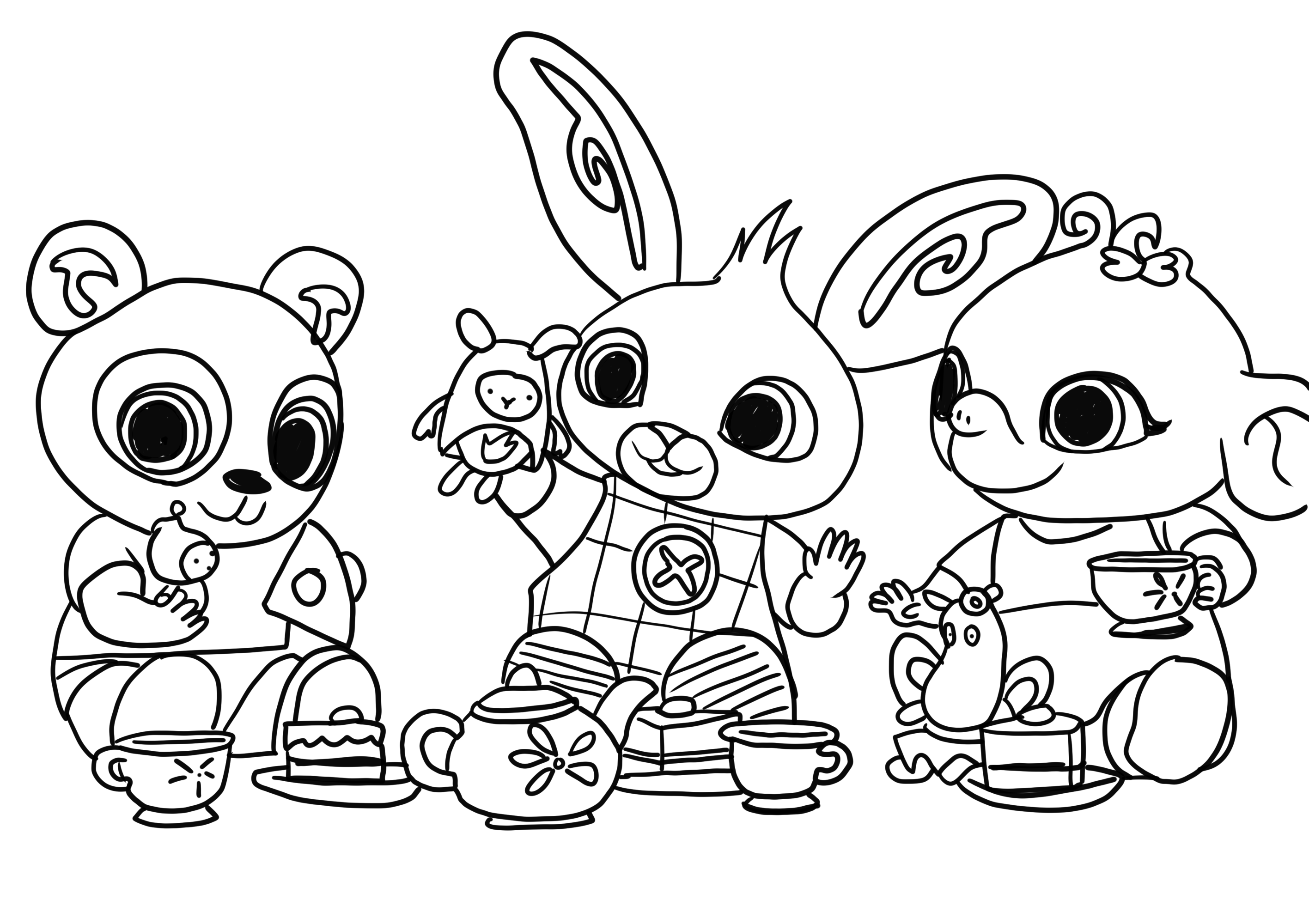 Bing, pando and Sula playing coloring page