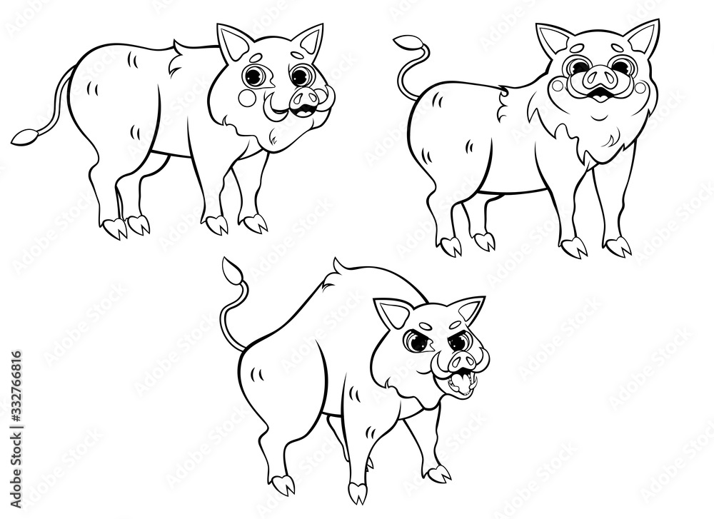 Cute cartoon wild boars vector coloring page outline. Hogs in different  postures. Happy and angry boar. Coloring book of forest animals for kids.  Isolated on white background Stock Vector | Adobe Stock