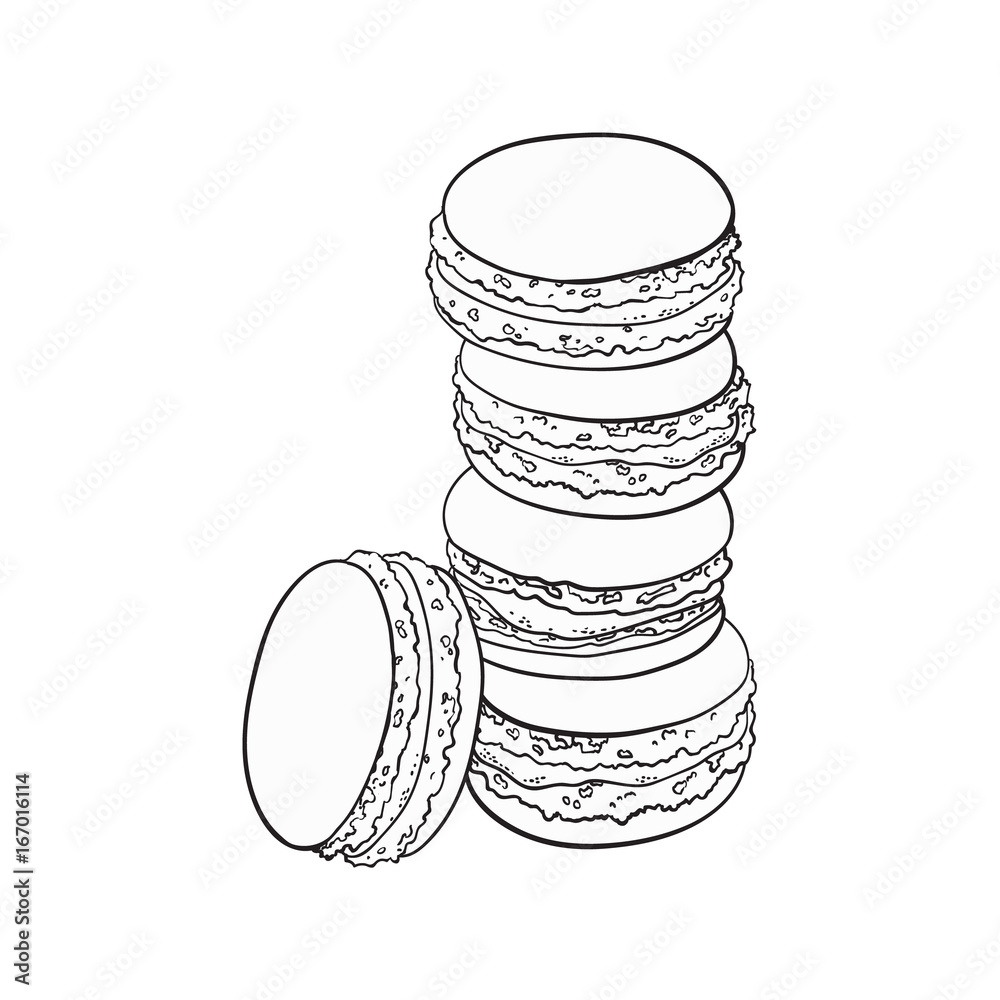 black and white stack of macaron, macaroon almond cakes, sketch style  vector illustration isolated on white background. Stack, pile of almond  macaron, biscuits, sweet and beautiful dessert Stock Vector | Adobe Stock