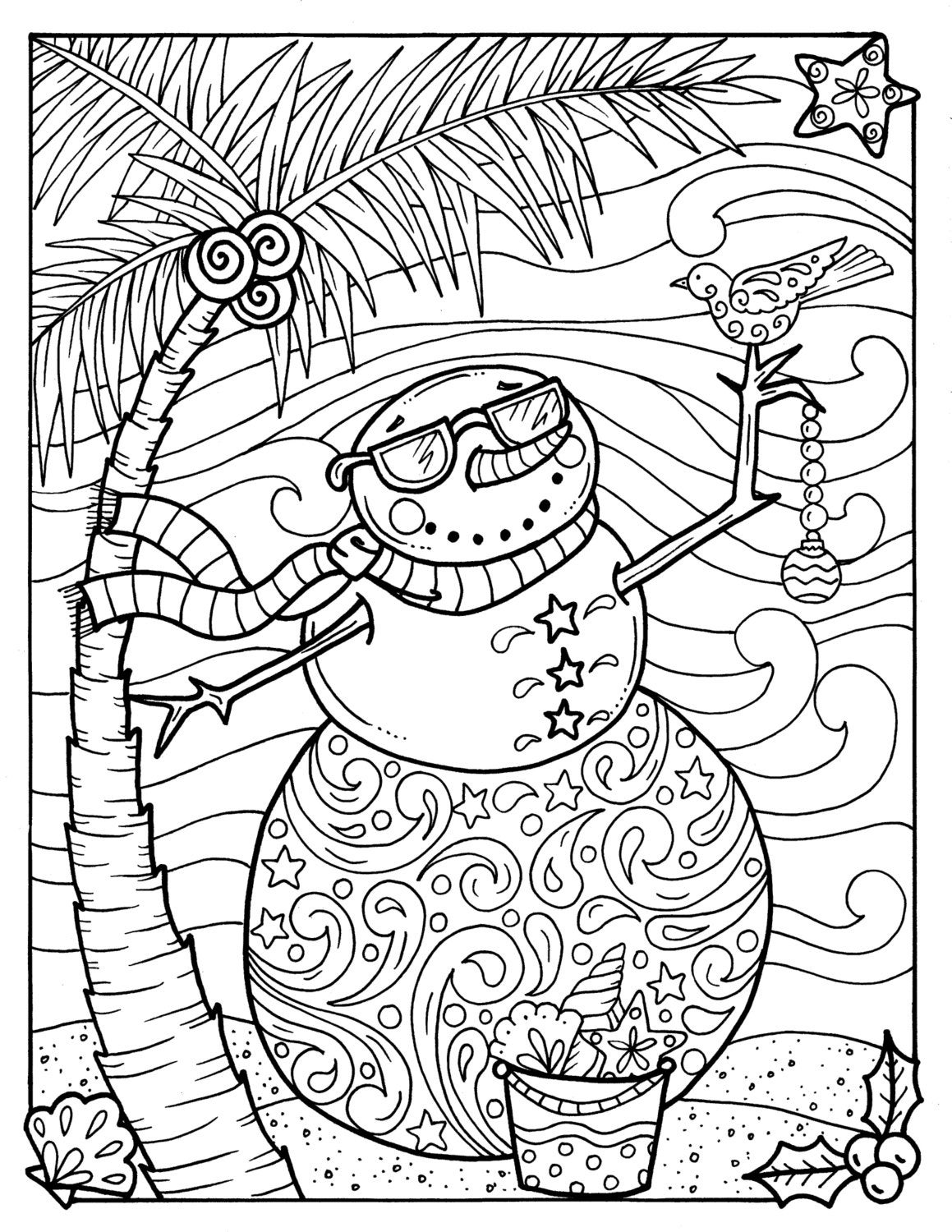 Tropical Snowman Coloring Page Adult Coloring Beach Holidays - Coloring ...