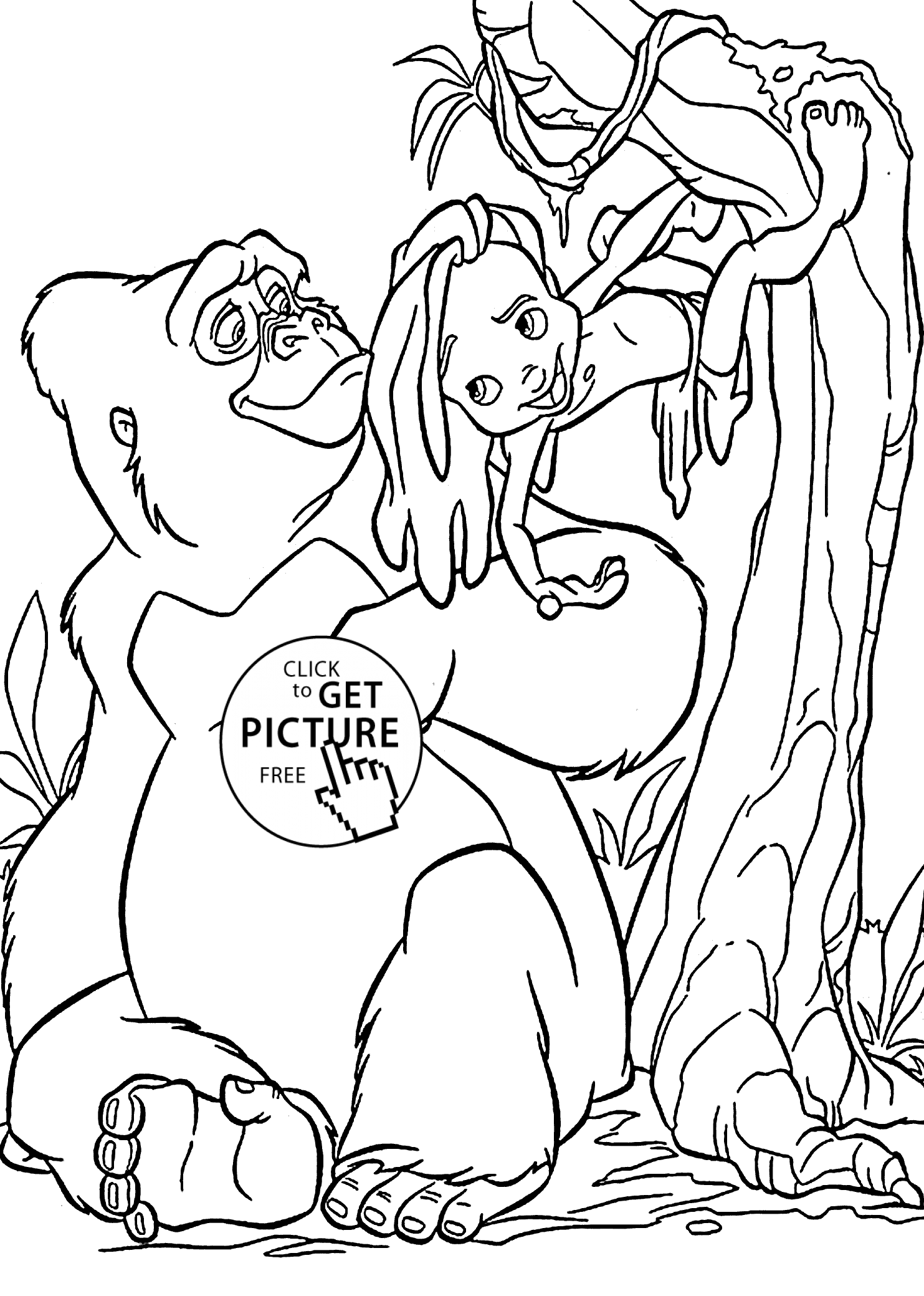 Little Tarzan with mom gorilla coloring pages for kids, printable ...