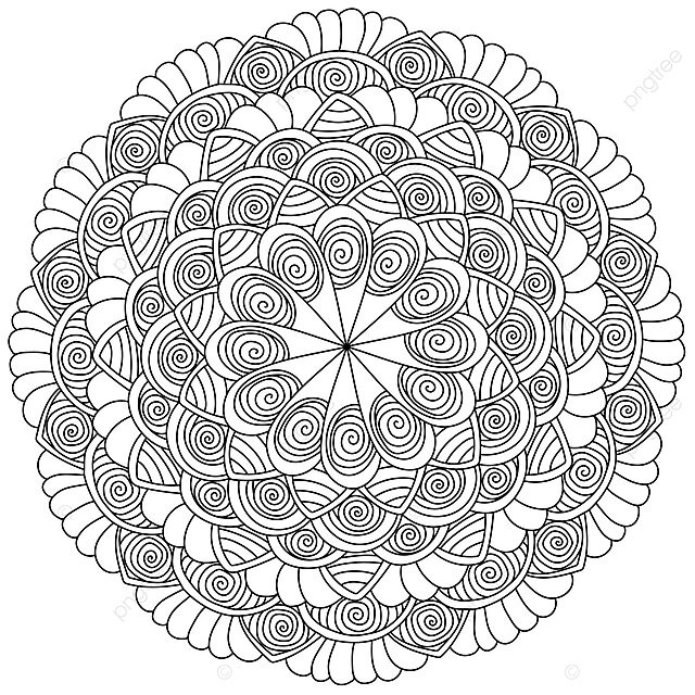 Meditative Coloring Page Spiraled Elements And Striped Petals In A Contour  Mandala Vector, Drawing, Ornament, Curve PNG and Vector with Transparent  Background for Free Download