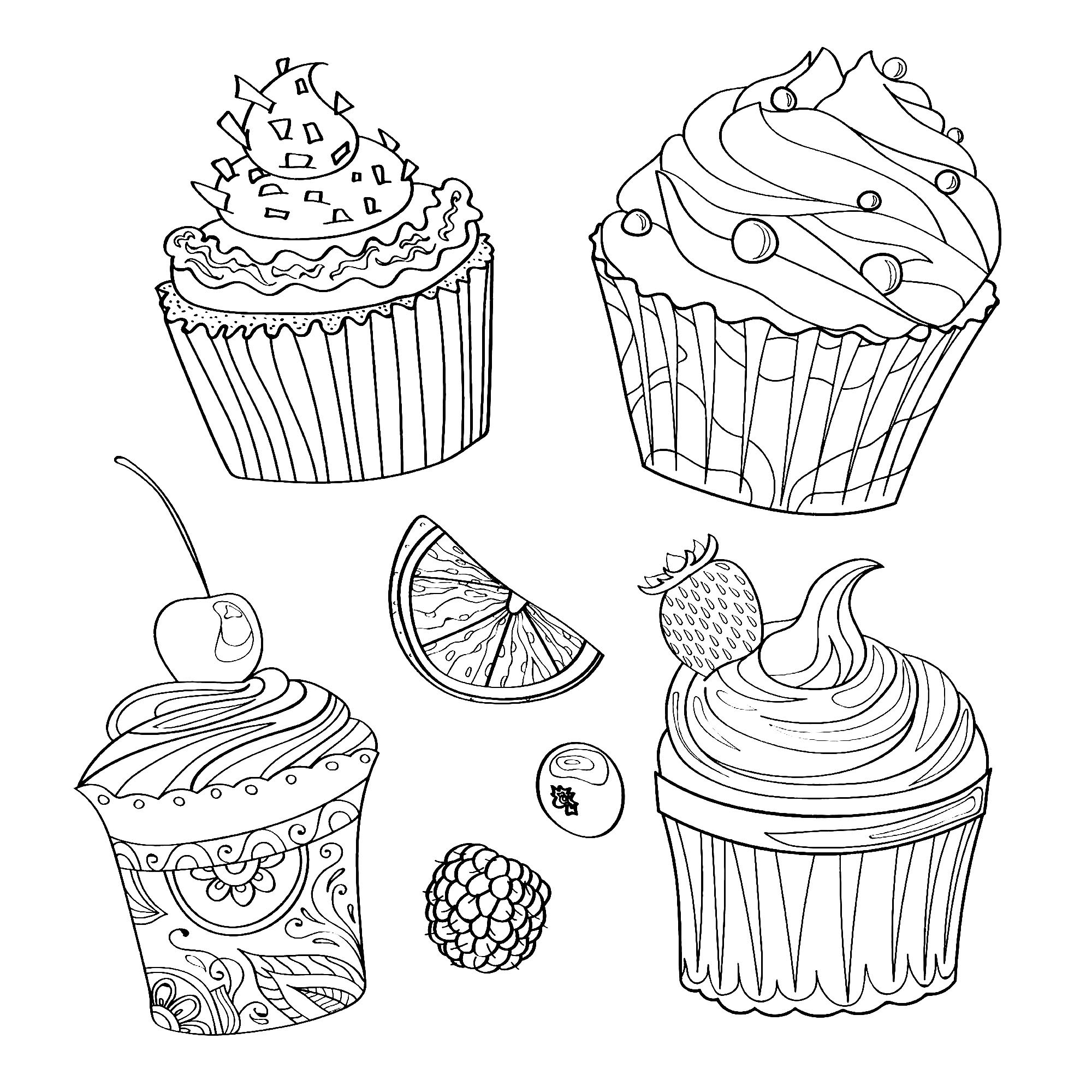 Delicious cupcakes and fruit pieces - Cupcakes And Cakes Kids Coloring Pages