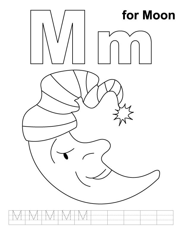 M for moon coloring page with handwriting practice | Download Free 
