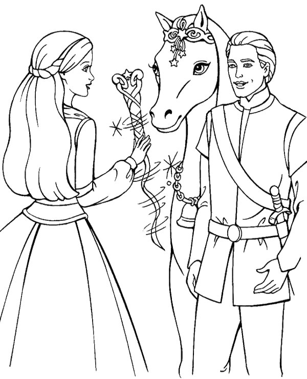 Barbie, Ken and horse coloring page