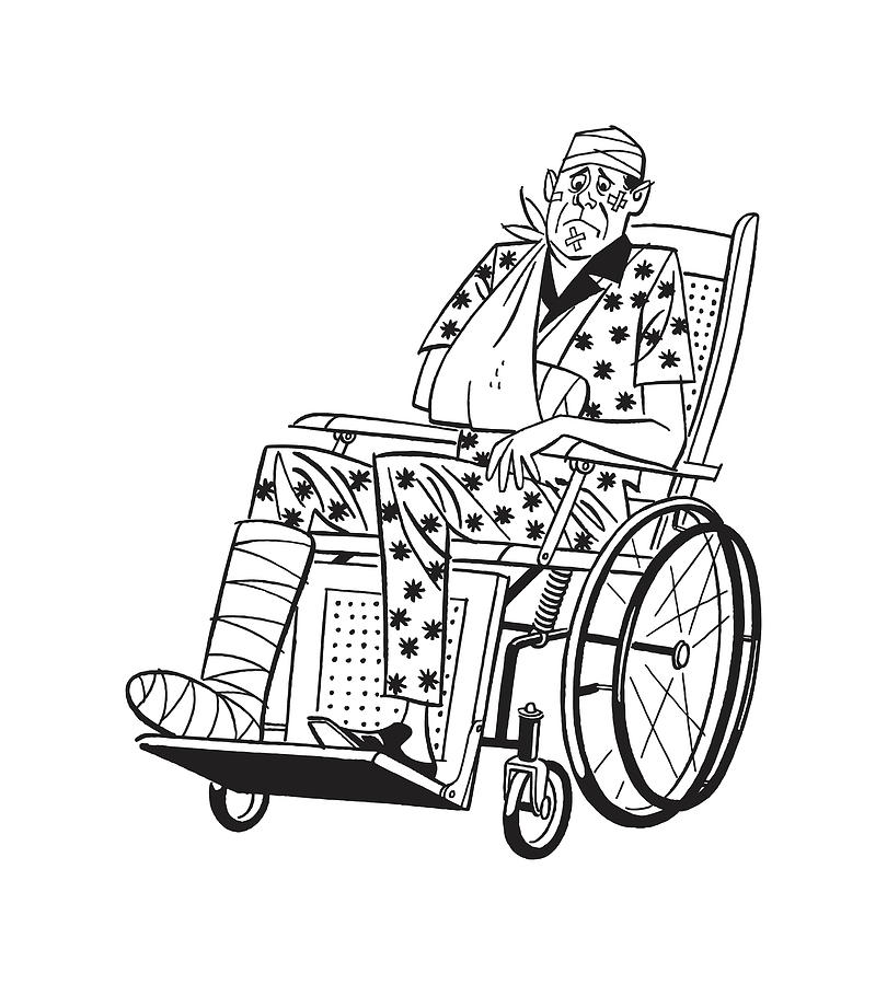 Illustration of man in wheelchair with broken arm and leg Drawing by CSA  Images - Pixels
