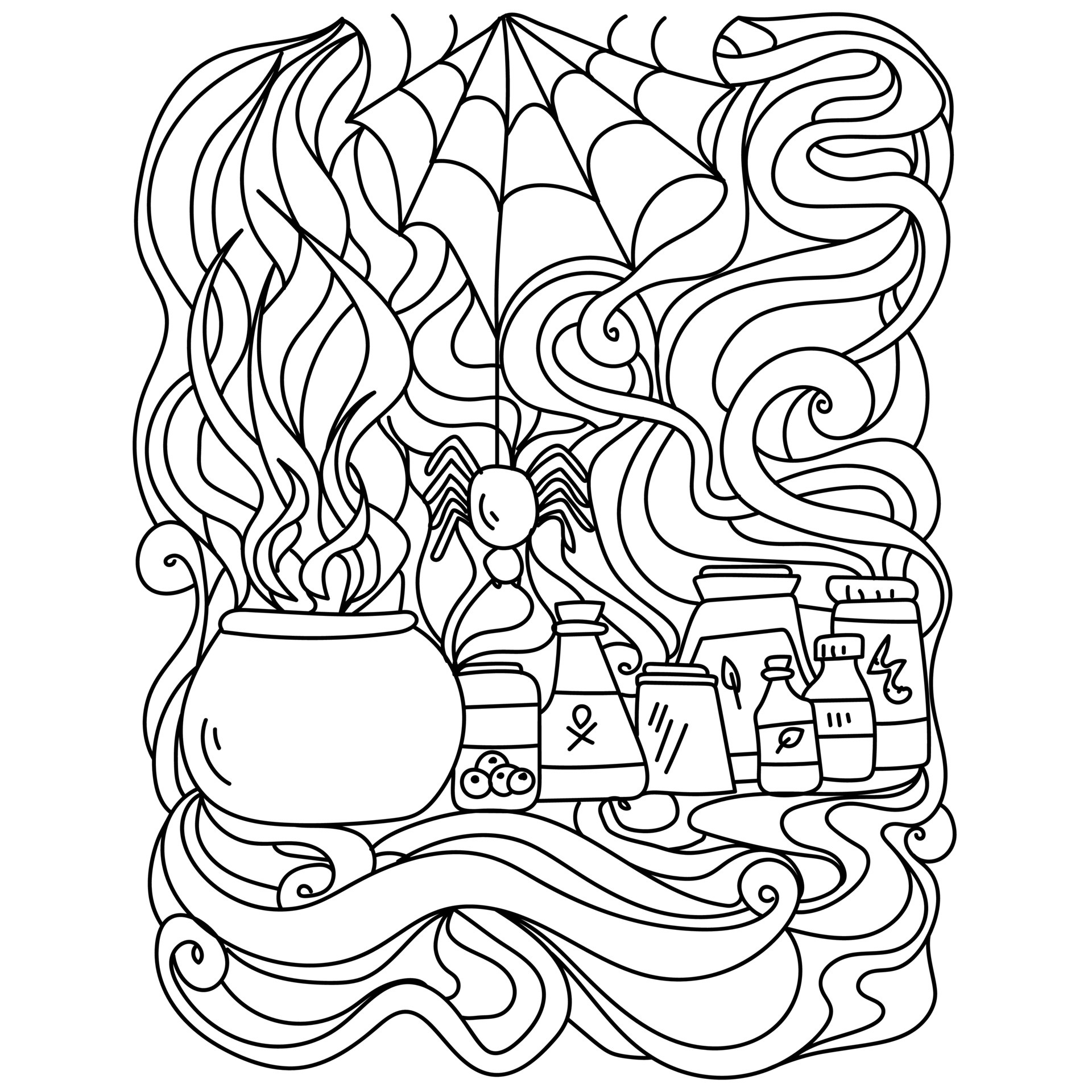 Halloween coloring page, meditative patterns, cauldron and magic potions  6899483 Vector Art at Vecteezy