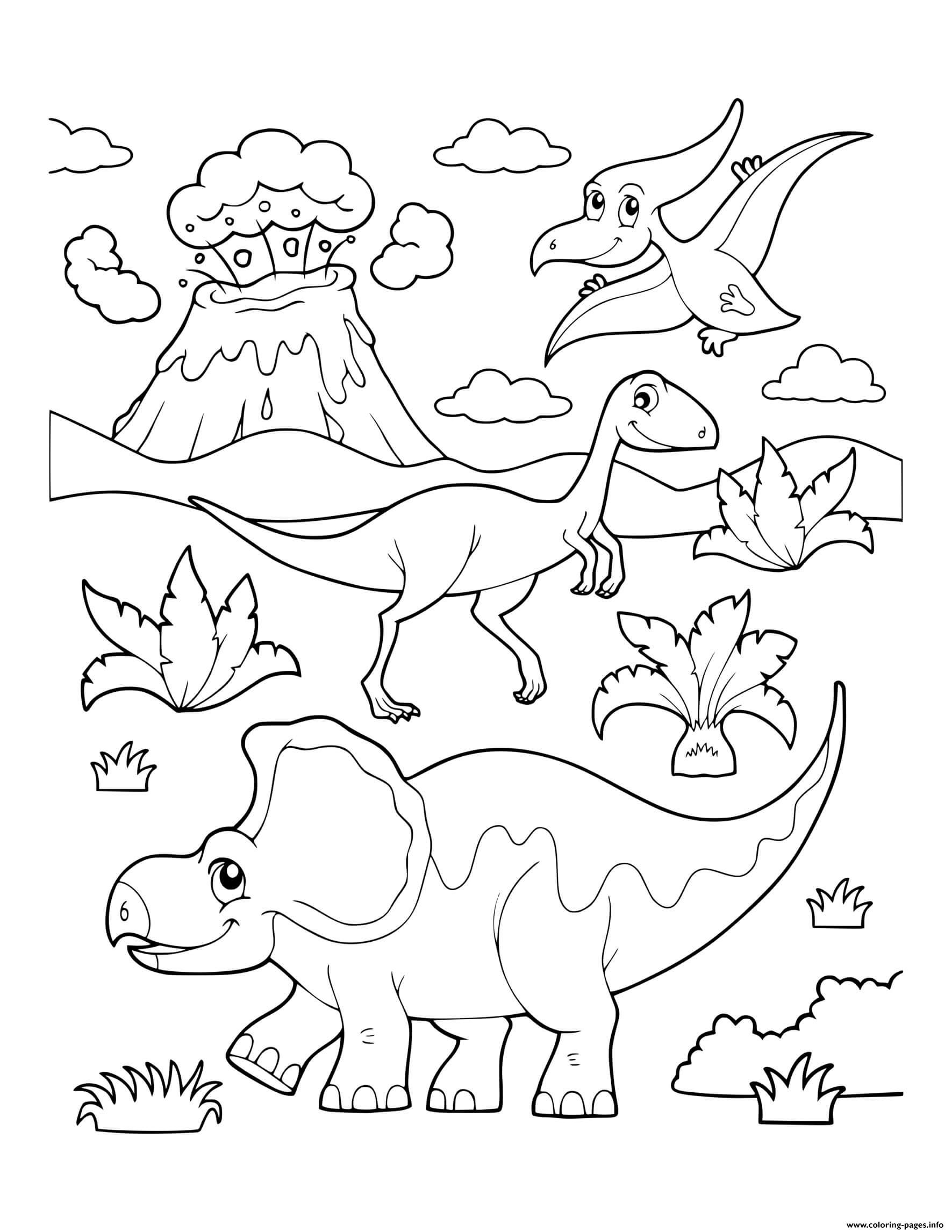 Dinosaur Prehistoric Dinosaur Scene Erupting Volcano Coloring page Printable