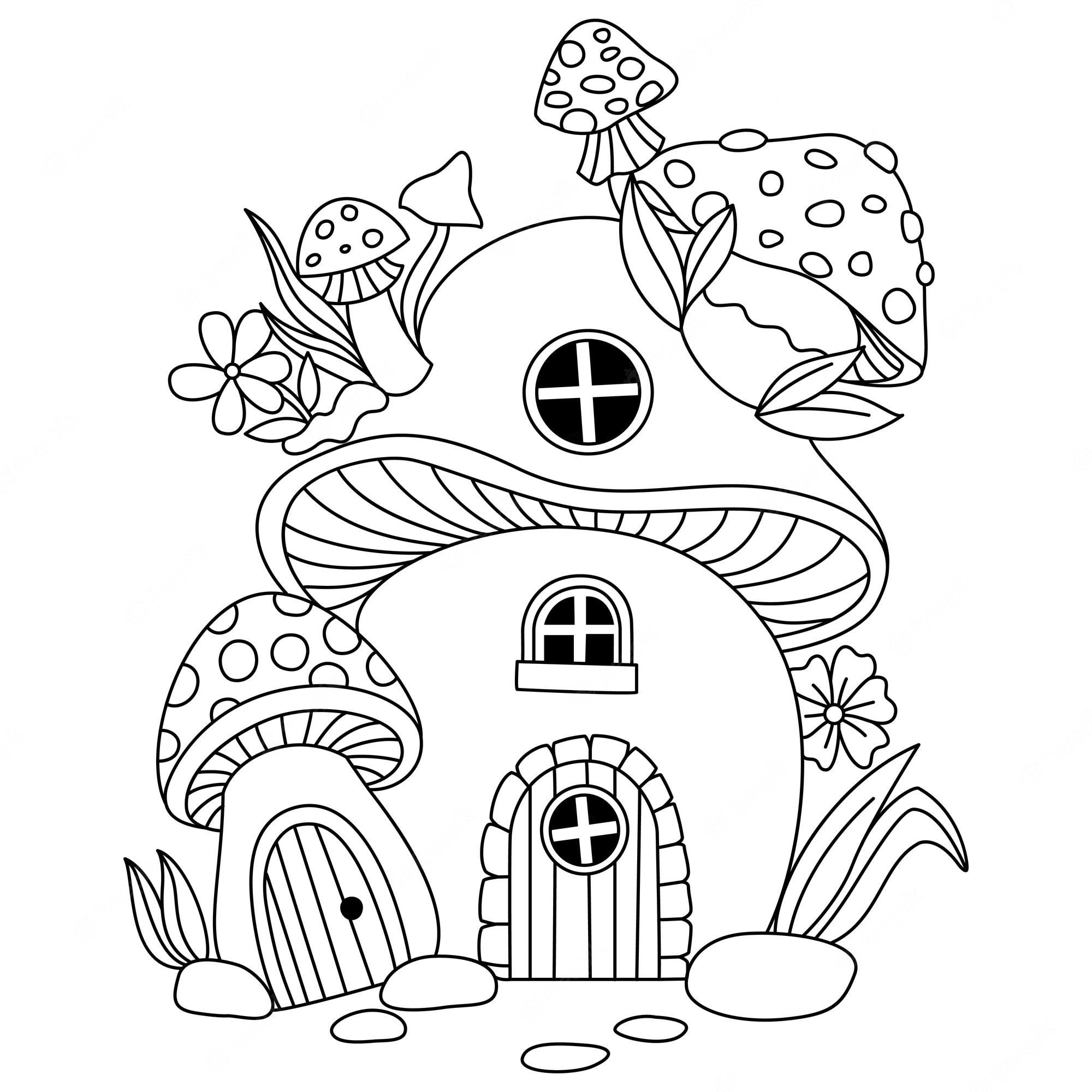 Premium Vector | Mushroom house and flowers on the top outline artwork coloring  pages