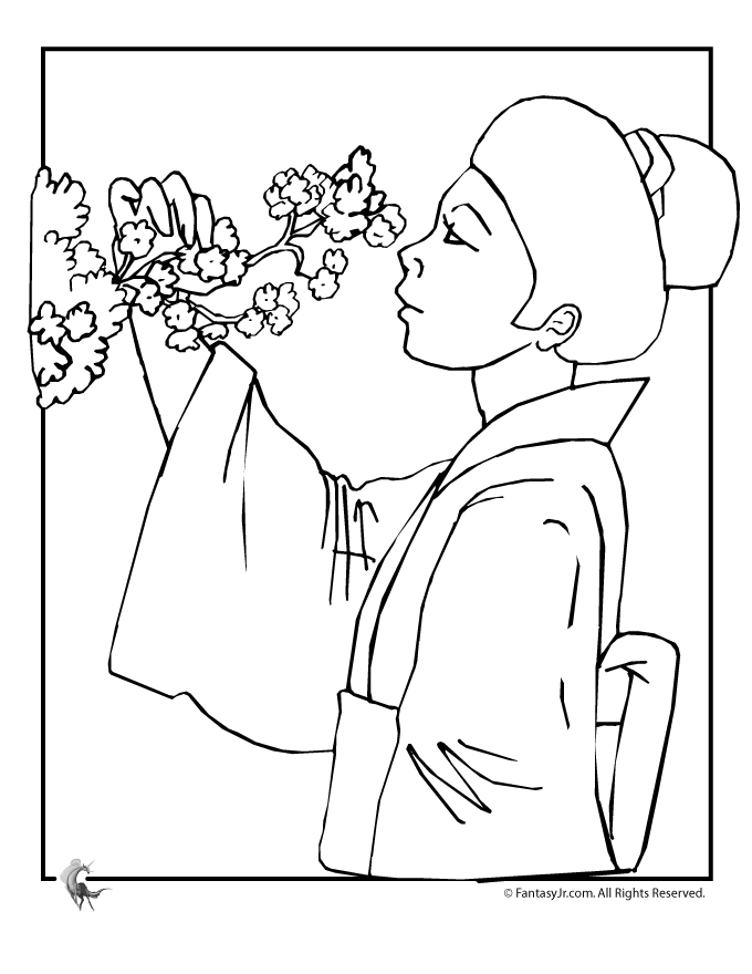 Geisha and Cherry Blossoms Coloring Page | Woo! Jr. Kids Activities :  Children's Publishing