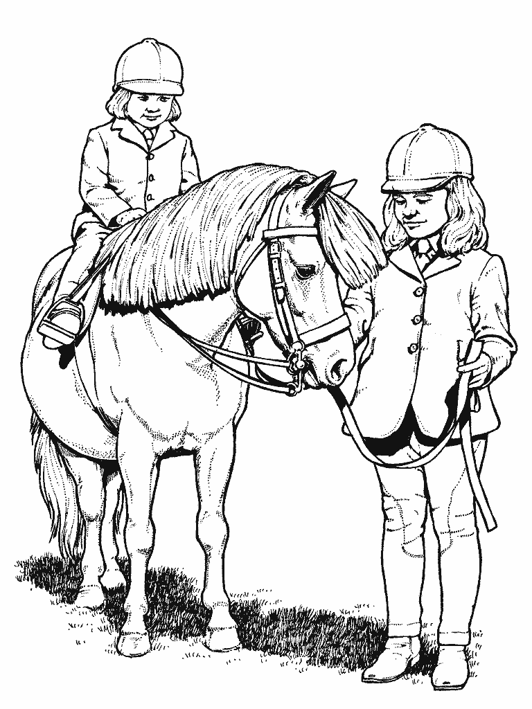 Two girls and a horse - Animal Coloring pages for kids to print & color
